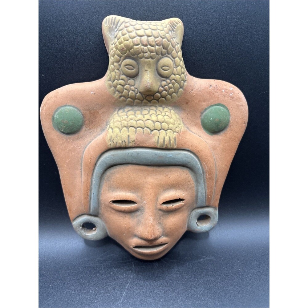 Vintage Mexican Mask- Terra Cotta Red Clay Hand Painted Tribal Mask